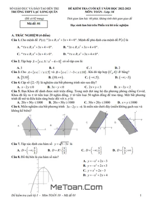 Đề thi học kỳ 1 Toán 10 năm 2022 - 2023 trường Lạc Long Quân - Bến Tre