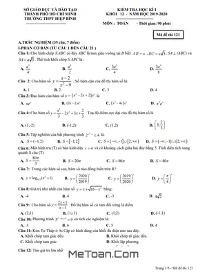 Đề thi học kì 1 Toán 12 năm 2019 - 2020 trường THPT Hiệp Bình - TP HCM