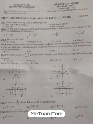 Đề thi HK1 Toán 12 năm 2017 - 2018 trường THPT Đan Phượng - Hà Nội - Tải xuống PDF