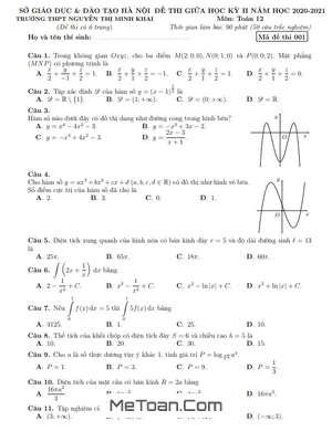 Đề thi giữa kỳ 2 Toán 12 năm 2020 - 2021 trường Nguyễn Thị Minh Khai - Hà Nội