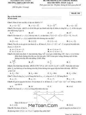 Đề thi thử Toán 12 lần 1 tháng 10 năm 2023 trường THPT Chuyên Bắc Giang