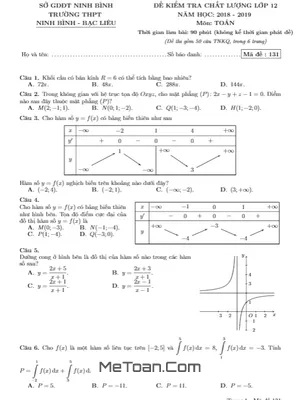 Đề kiểm tra Toán 12 năm 2018 - 2019 lần 4 trường Ninh Bình - Bạc Liêu - Ninh Bình