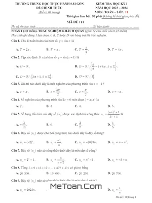 Đề thi học kỳ 1 Toán 11 năm 2023 - 2024 trường THPT Thực hành Sài Gòn - TP.HCM (Có đáp án)