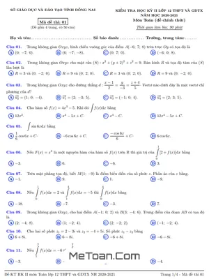 Đề thi học kỳ 2 Toán 12 năm 2020 - 2021 sở GD&ĐT Đồng Nai