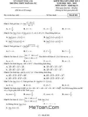 Đề giữa HK2 Toán 11 năm 2021 - 2022 trường THPT Ngô Gia Tự - Đắk Lắk