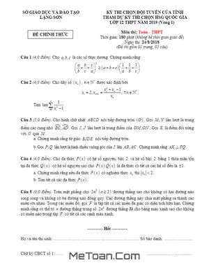 Đề thi chọn đội tuyển HSG Quốc gia Toán 12 năm 2019 Sở GD&ĐT Lạng Sơn