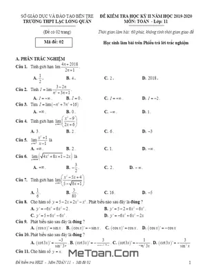 Đề thi học kỳ 2 Toán 11 năm 2019 - 2020 trường THPT Lạc Long Quân - Bến Tre