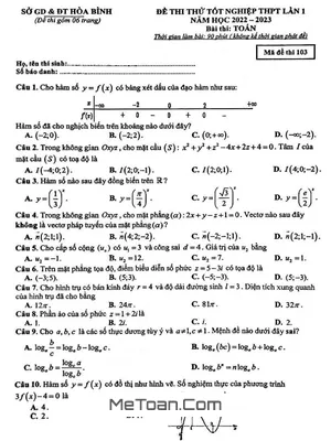 Đề thi thử tốt nghiệp THPT 2023 môn Toán lần 1 sở GD&ĐT Hòa Bình