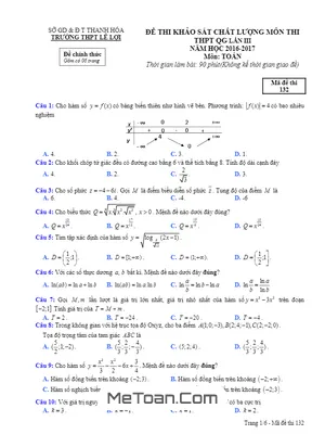 Đề thi thử THPT Quốc gia 2017 môn Toán trường THPT Lê Lợi - Thanh Hóa lần 3 có đáp án