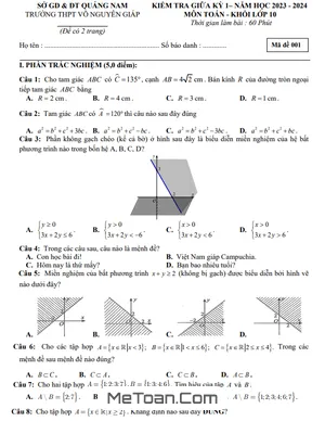 Đề thi giữa kỳ 1 Toán 10 năm 2023 - 2024 trường THPT Võ Nguyên Giáp - Quảng Nam