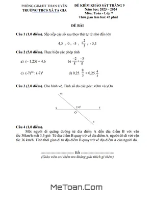Đề khảo sát tháng 9 Toán lớp 7 năm 2023 - 2024 trường THCS Xã Ta Gia - Lai Châu