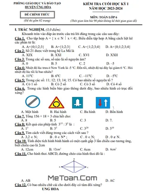 Đề thi học kì 1 Toán 6 năm 2023 - 2024 phòng GD&ĐT Ứng Hòa - Hà Nội