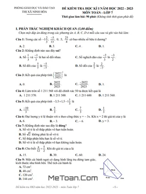 Đề thi học kì 1 Toán 7 năm 2022 - 2023 phòng GD&ĐT Ninh Hòa - Khánh Hòa