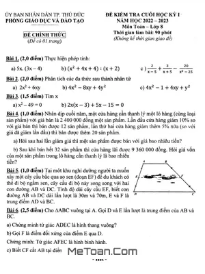 Đề Thi Học Kỳ 1 Toán 8 Năm 2022-2023 Phòng GD&ĐT Thủ Đức - TP.HCM