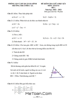 Đề thi giữa học kì 1 Toán 8 năm 2022 - 2023 trường THCS Phúc Xá - Hà Nội