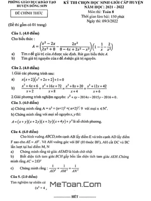 Đề thi học sinh giỏi huyện Toán 8 năm 2021 - 2022 phòng GD&ĐT Đông Sơn, Thanh Hóa