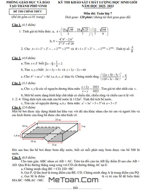 Đề thi học sinh giỏi Toán 7 năm 2022 - 2023 phòng GD&ĐT thành phố Vinh - Nghệ An