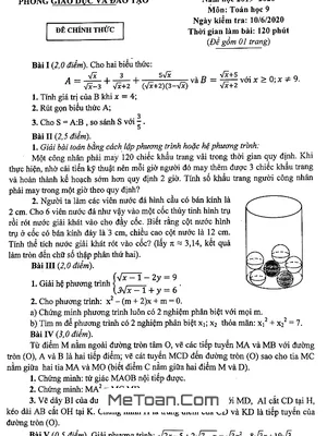 Đề thi học kỳ 2 Toán 9 năm học 2019 - 2020 phòng GD&ĐT Ba Đình - Hà Nội