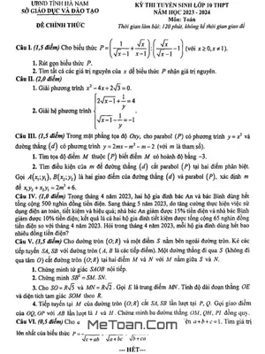 Đề thi tuyển sinh lớp 10 môn Toán năm 2023 - 2024 sở GD&ĐT Hà Nam