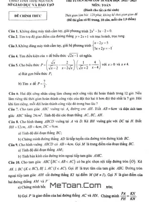 Đề thi tuyển sinh lớp 10 môn Toán năm 2022 - 2023 Sở GD&ĐT Thái Nguyên