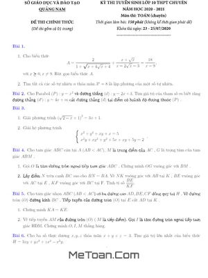 Đề thi tuyển sinh lớp 10 chuyên Toán Quảng Nam năm 2020 - 2021