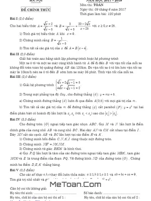 Đề thi tuyển sinh lớp 10 môn Toán Hà Nội năm 2017 - 2018 có lời giải