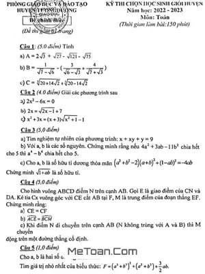Đề thi học sinh giỏi huyện Toán 9 năm 2022 - 2023 phòng GD&ĐT Tương Dương - Nghệ An