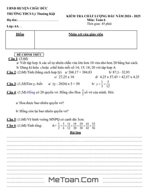 Đề khảo sát Toán 6 đầu năm 2024 - 2025 trường THCS Lý Thường Kiệt - BR VT