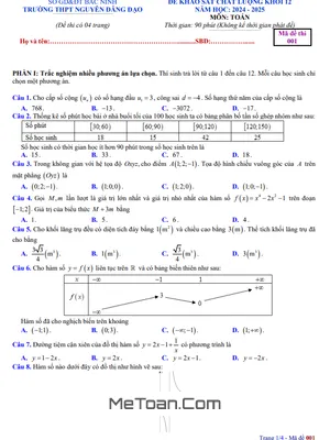 Đề khảo sát Toán 12 năm 2024 - 2025 trường THPT Nguyễn Đăng Đạo - Bắc Ninh