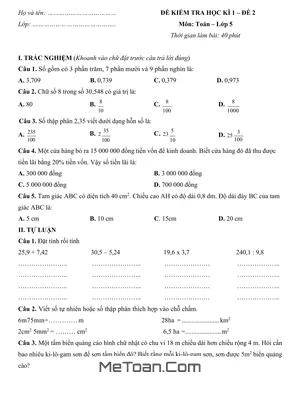 Đề Kiểm Tra Cuối Học Kì 1 Môn Toán Lớp 5 - Đề 2