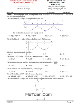 Đề thi học kỳ 1 Toán 12 năm 2024 - 2025 trường THPT B Bình Lục - Hà Nam