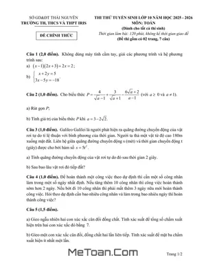 Đề thi thử vào lớp 10 môn Toán năm 2025 - 2026 trường Iris - Thái Nguyên