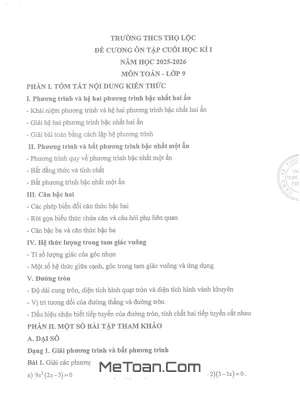 Đề cương Cuối Học kì 1 Toán 9 năm 2025 – 2026 trường THCS Thọ Lộc – Hà Nội