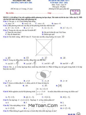 Đề thi học kỳ 1 Toán 10 năm 2025 – 2026 trường THPT Bến Tre – Phú Thọ