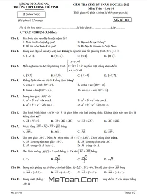 Đề thi học kỳ 1 Toán 10 năm 2022 - 2023 trường THPT Lương Thế Vinh - Quảng Nam