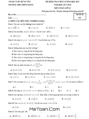 Đề kiểm tra chất lượng HK1 Toán 10 năm học 2017 - 2018 trường THPT Hồng Bàng - Hưng Yên