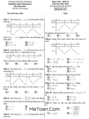 Đề thi học kì 1 Toán 12 năm 2023 - 2024 trường THPT Thanh Đa - TP.HCM (có đáp án)