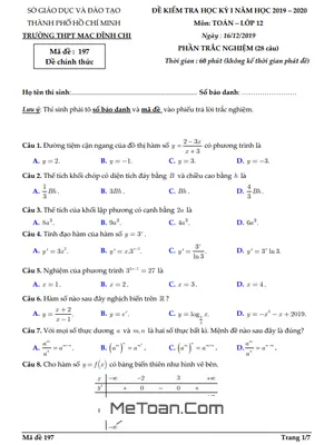 Đề thi HK1 Toán 12 năm 2019 - 2020 trường THPT Mạc Đĩnh Chi - TP HCM