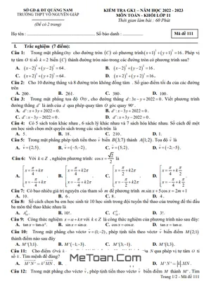 Đề kiểm tra GK1 Toán 11 năm 2022 - 2023 trường THPT Võ Nguyên Giáp - Quảng Nam