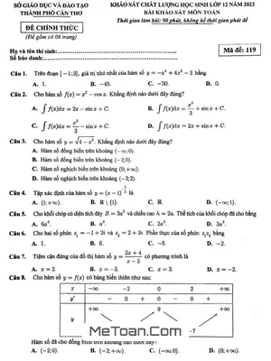 Đề khảo sát chất lượng Toán 12 năm 2023 Sở GD&ĐT Cần Thơ