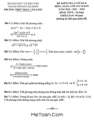 Đề kiểm tra cuối kỳ 2 Toán 10 năm 2021 - 2022 trường THPT Trần Văn Giàu - TP HCM