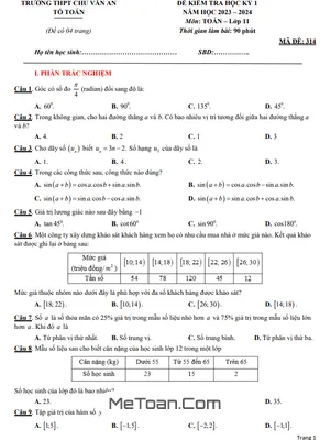 Đề Học Kỳ 1 Toán 11 Năm 2023 - 2024 Trường THPT Chu Văn An - An Giang