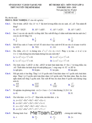 Đề thi HK1 Toán 11 năm học 2018 - 2019 trường THPT Nguyễn Thị Minh Khai - Hà Nội