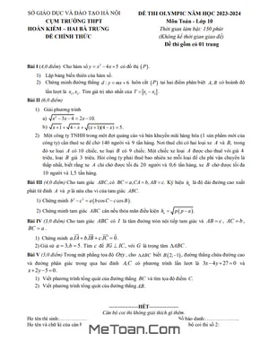 Đề thi Olympic Toán 10 năm 2023 - 2024 cụm Hoàn Kiếm & Hai Bà Trưng - Hà Nội