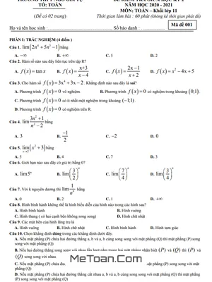 Đề thi giữa học kỳ 2 Toán 11 năm 2020 - 2021 trường THPT Ngô Gia Tự - Đắk Lắk