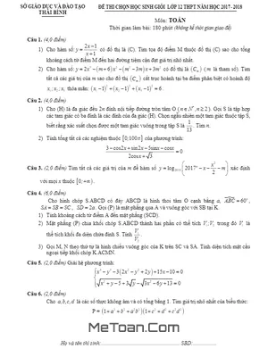 Đề thi chọn học sinh giỏi Toán 12 THPT năm học 2017 - 2018 sở GD&ĐT Thái Bình