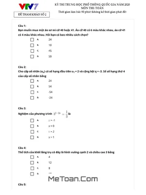Đề thi thử THPT Quốc gia 2020 môn Toán kênh VTV7 (Đề 2)