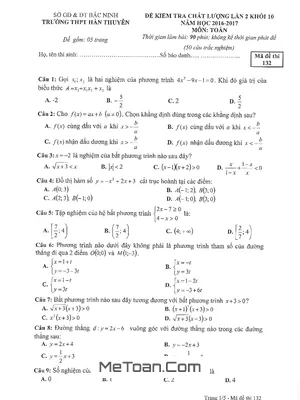 Đề kiểm tra chất lượng Toán 10 lần 2 - THPT Hàn Thuyên - Bắc Ninh (có đáp án)