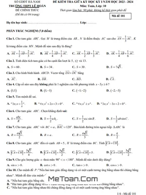 Đề Thi Giữa Học Kỳ 1 Toán 10 Năm 2023 - 2024 Trường THPT Lê Hoàn - Hà Nam