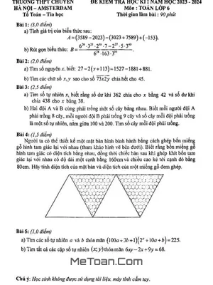 Đề thi học kì 1 Toán lớp 6 năm 2023 - 2024 trường THPT chuyên Hà Nội - Amsterdam